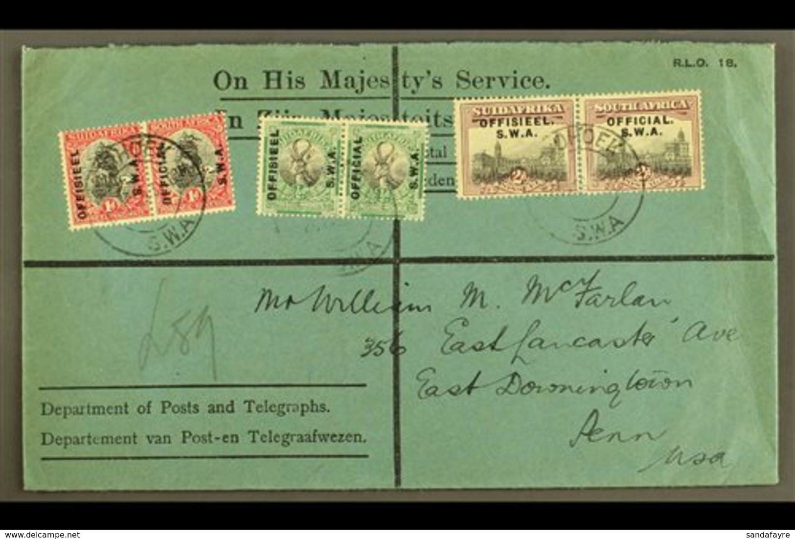 1929 (8 Nov) OHMS Printed Cover To USA Bearing ½d, 1d, And 2d Official (SG O9/11) Horiz Pairs Tied By Windhoek Cds's; Ne - South West Africa (1923-1990)