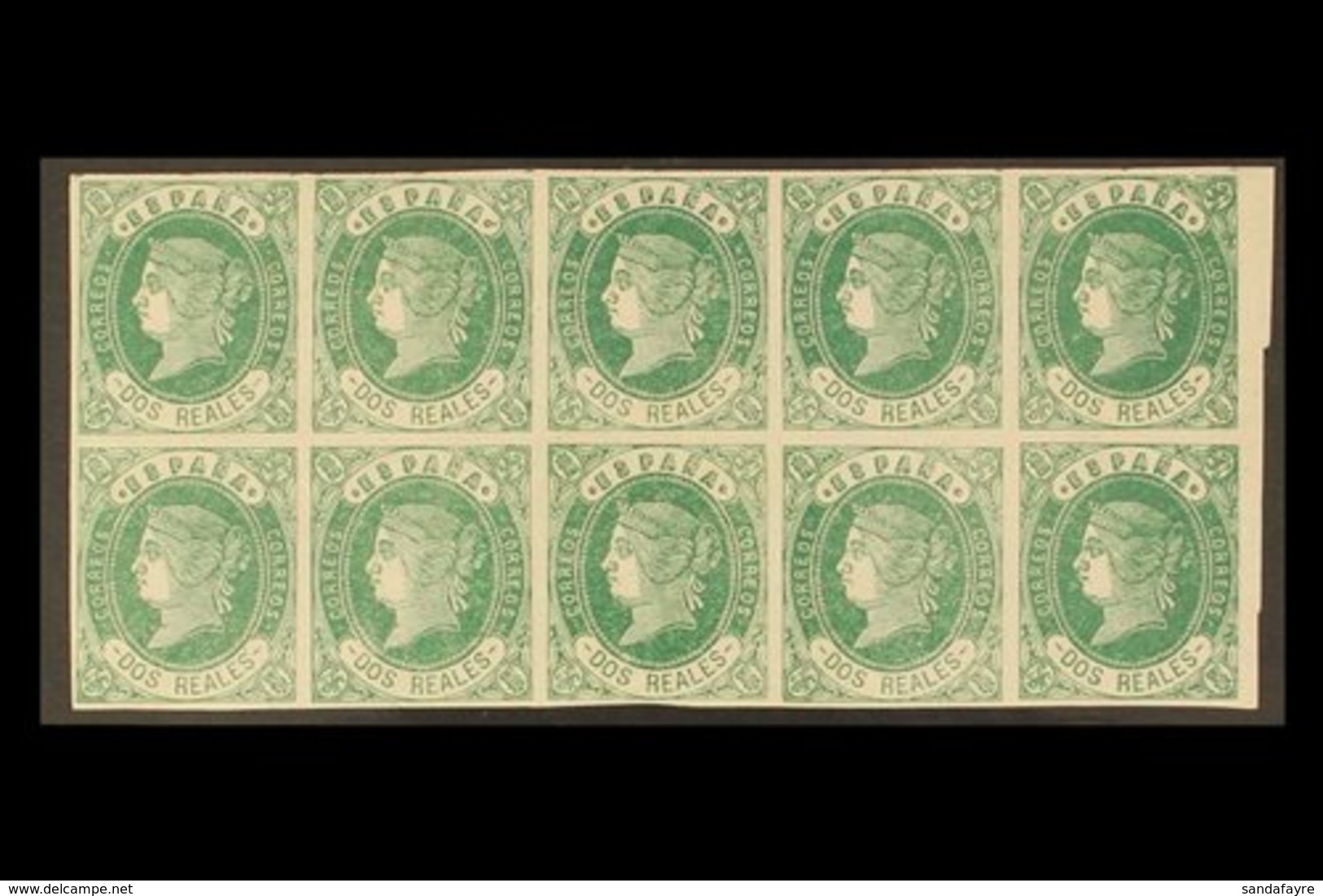 1862 2r Green On Pale Rose Imperf, SG 74a (Edifil 62), Never Hinged Mint BLOCK OF TEN With 4 Large Margins. A Wonderfull - Other & Unclassified