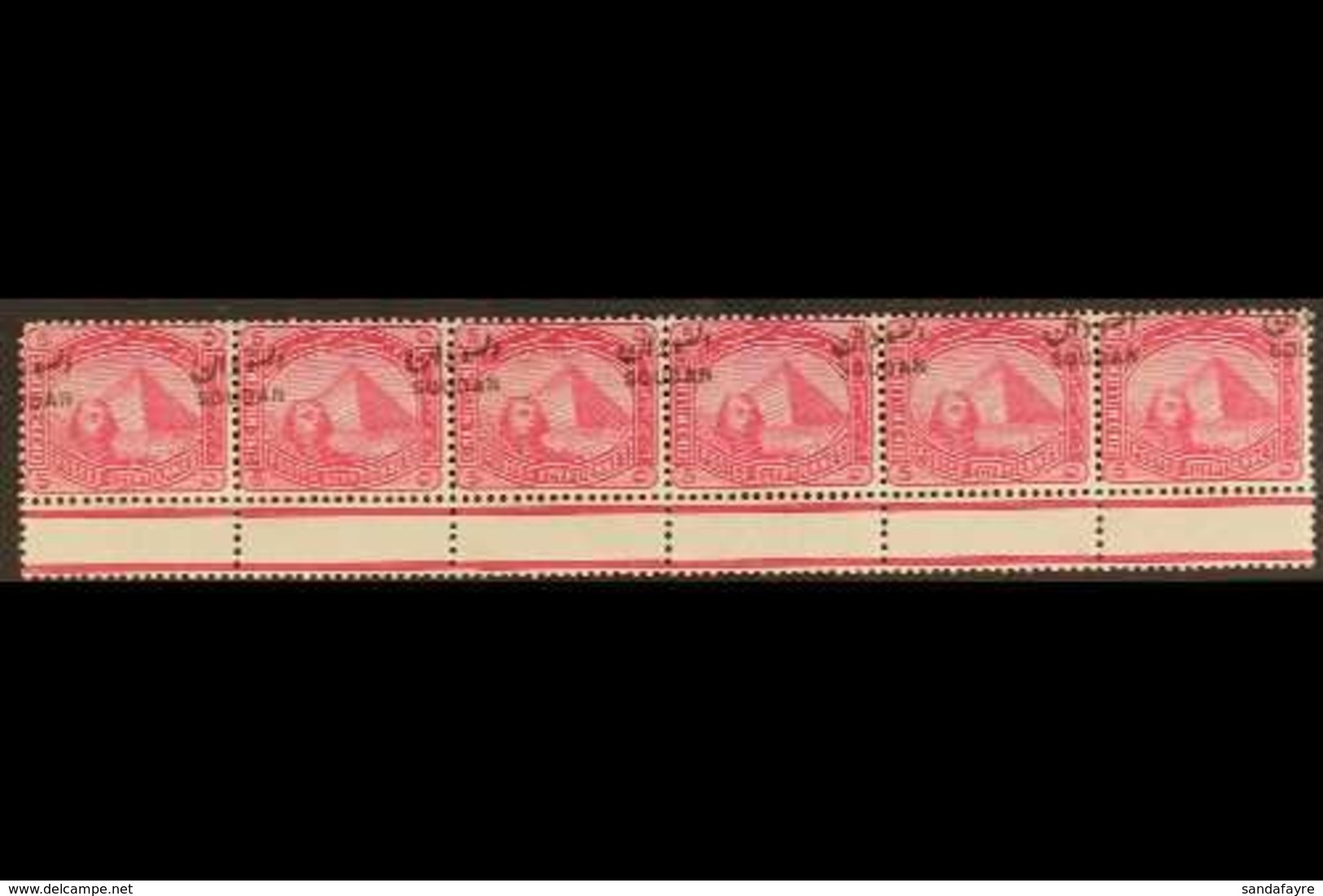 1897 5m Rose- Carmine (SG 5) Strip Of Six From The Bottom Row Of The Pane Showing DRAMATICALLY MISPLACED OVERPRINTS ("DA - Sudan (...-1951)
