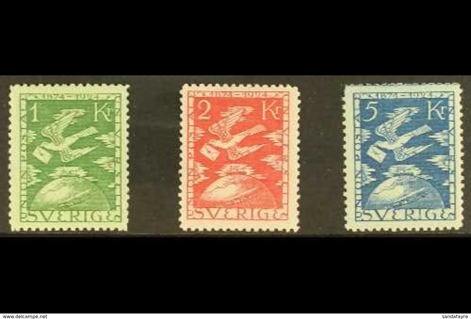 1924 UPU ANNIVERSARY TOP VALUES. Carrier Pigeon 1k Green, 2k Rose Red & 5k Blue, Mi 171w/73w, SG 173/75, Facit 223/25, H - Other & Unclassified