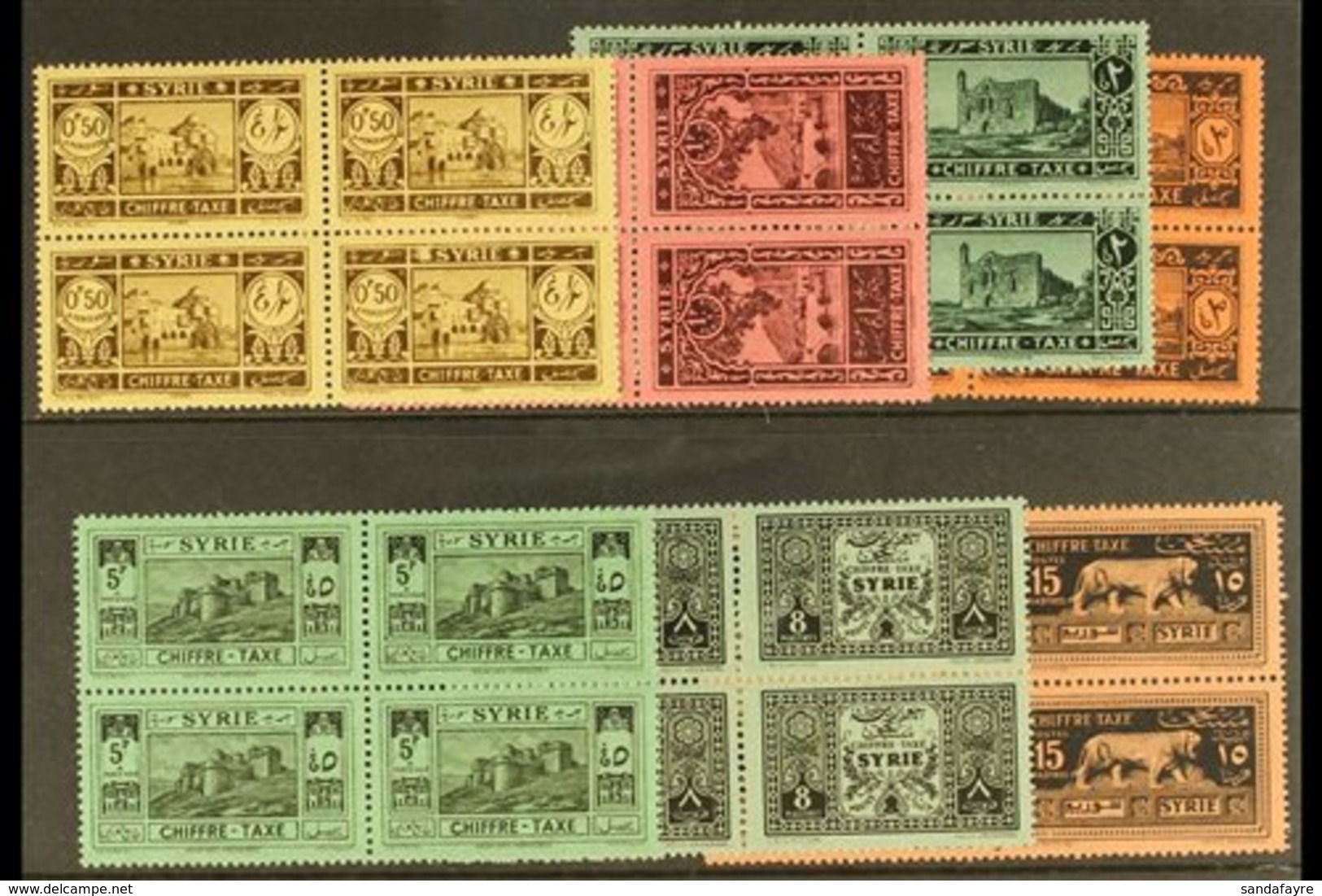 POSTAGE DUE 1925-31. Complete Set, SG D192/98, Never Hinged Mint Blocks Of 4, Some Perf Splitting On . Lovely (28 Stamps - Syria