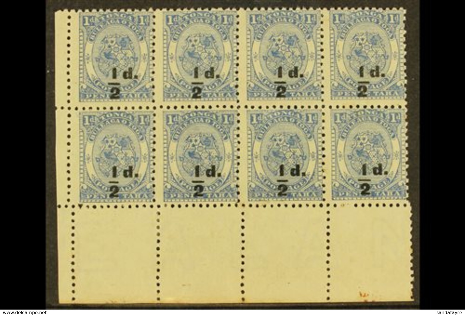 1893 ½d On 1d Dull Blue Surcharge In Black, SG 19, Fine Unused No Gum Lower Left Corner BLOCK Of 8, Fresh & Attractive.  - Tonga (...-1970)