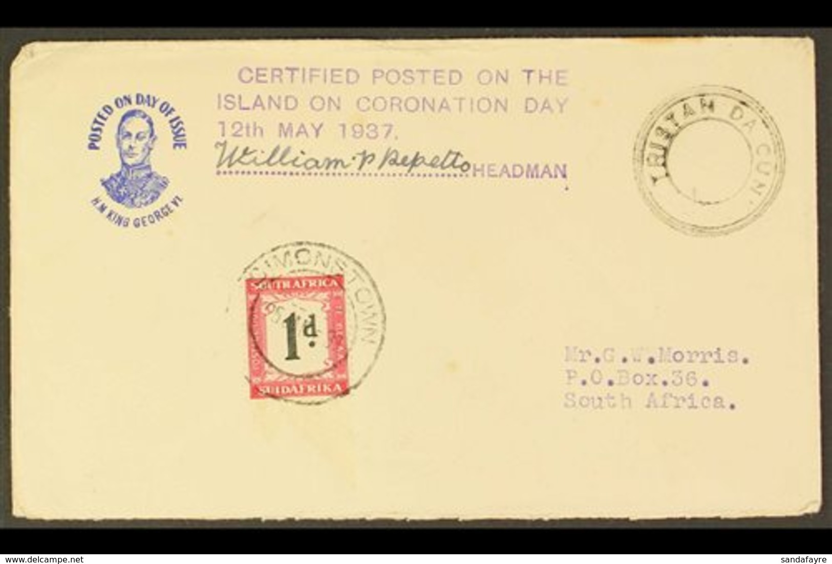 1937 CORONATION COVER An Illustrated Cover To South Africa With Violet Cachet "CERTIFIED POSTED ON THE  / ISLAND ON CORO - Tristan Da Cunha