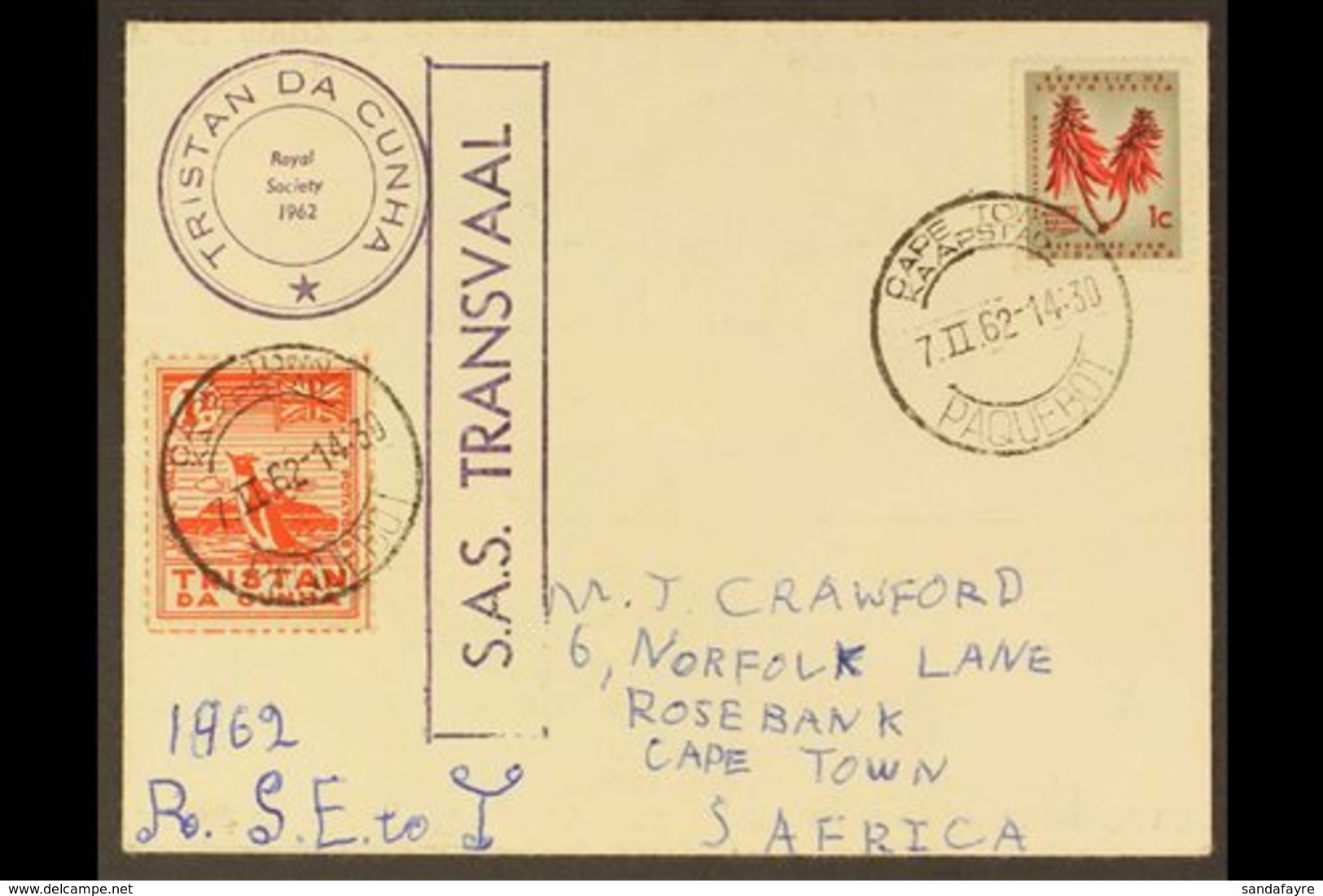 1962 "POTATO STAMP" COVER 1962 (7 FEB) To South Africa Bearing 1946 1d Red (4 Potatoes) Local Value Stamp Featuring Peng - Tristan Da Cunha