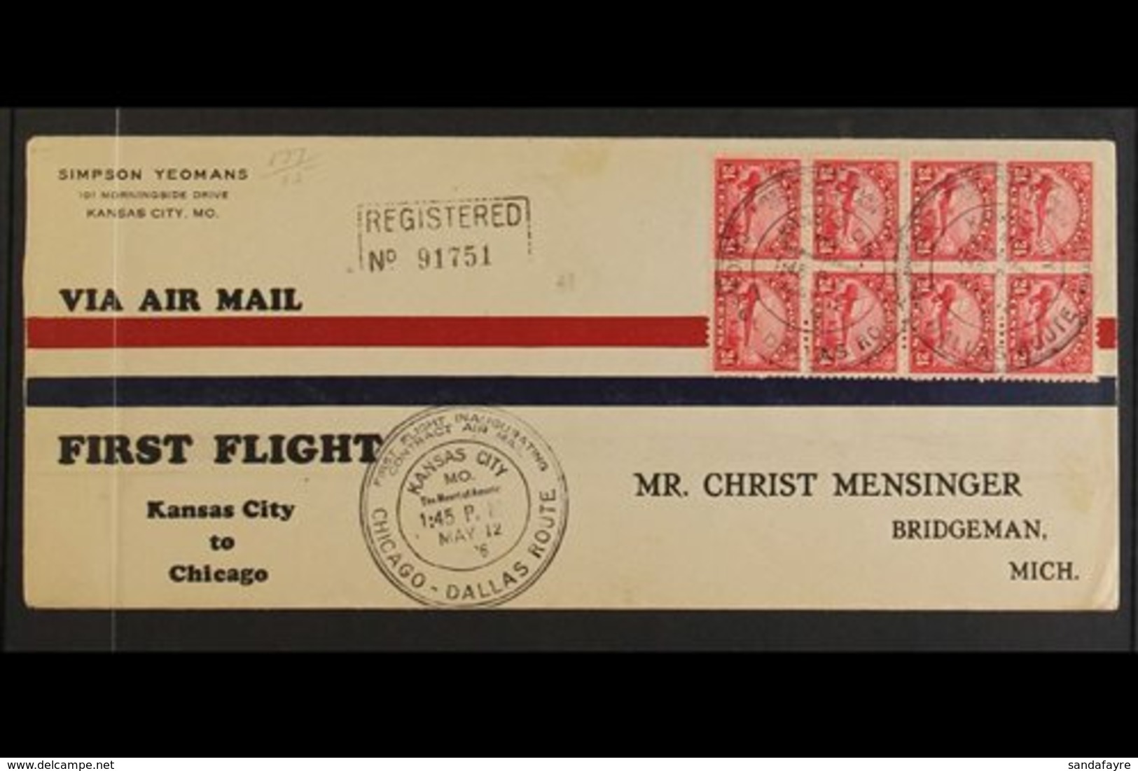 1926 (12 May) Kansas City To Chicago First Flight Registered Cover Bearing 1923 24c Carmine Air Stamps BLOCK Of 8 (Scott - Autres & Non Classés