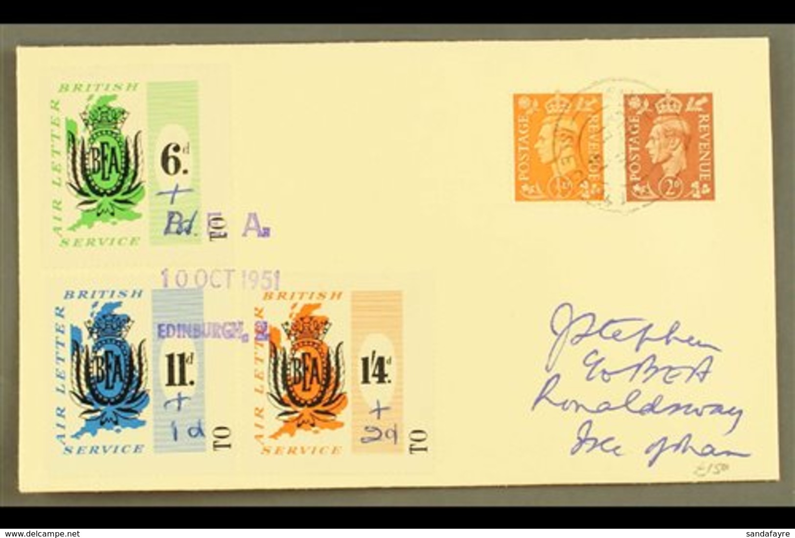 1951 B.E.A. AIR LETTER LOCAL SURCHARGES 1951 (10 Oct) Cover To Isle Of Man Bearing B.E.A. 6d, 11d And 1s4d Labels With M - Autres & Non Classés