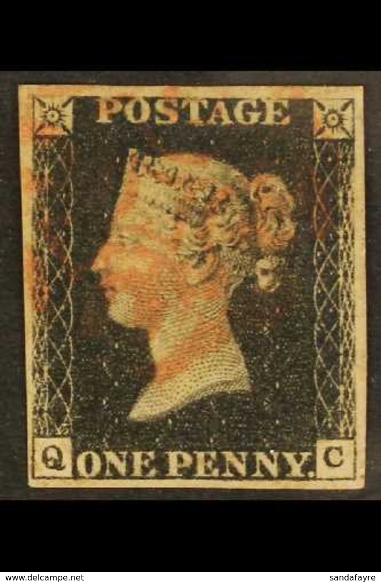 1840 1d Black 'QC' Plate 6, STATE 2, SG Spec AS42, Used With 4 Margins & Red MC Cancellation. For More Images, Please Vi - Unclassified