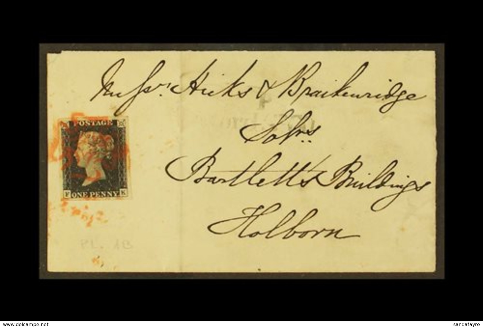 1840 1d Intense- Black 'FK' Plate 1b (SG 1) With 4 Large Neat Margins Tied By Bright Red MC Cancellation To An 1840 (19  - Unclassified