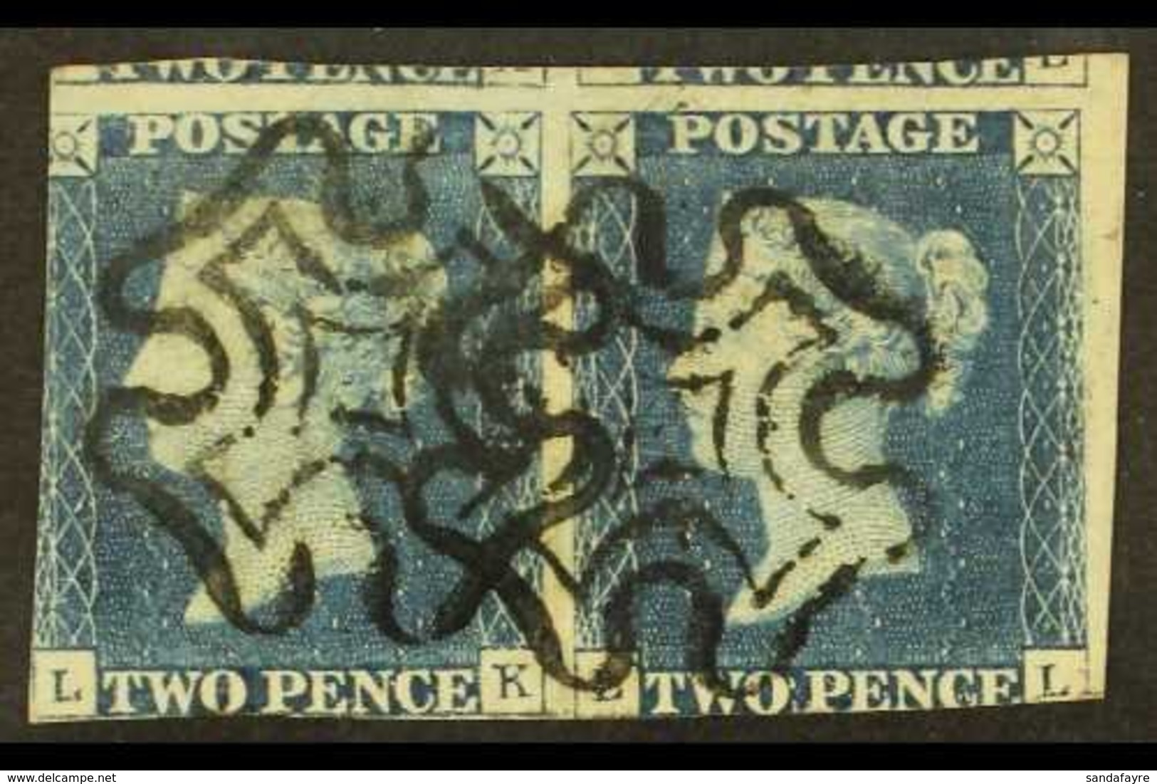 1840 2d Blue "LK - LL" PAIR, Plate 1, SG 5, Used, Each Stamp Cancelled By A Neat, Black MX Cancel, Two Margins, Into At  - Other & Unclassified