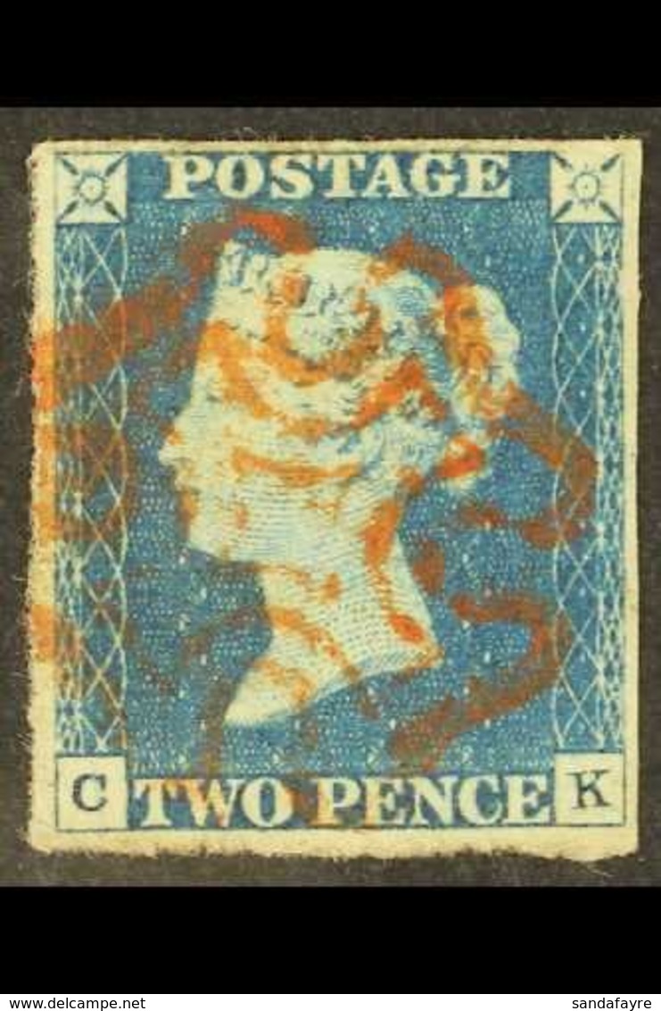 1840 2d Blue "CK", Plate 1, SG 5, Fine Used With 4 Clear To Good Margins And Red MC Pmk. Attractive! For More Images, Pl - Other & Unclassified