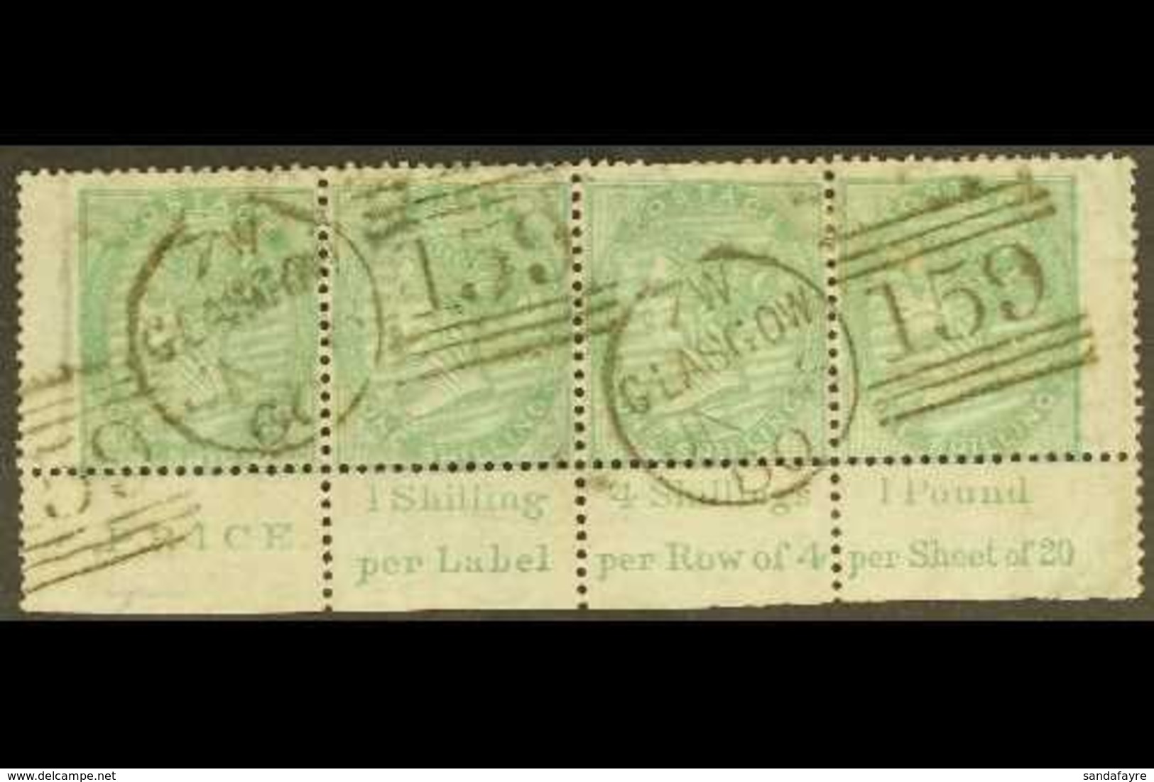 1855-7 1s Green, No Corner Letters, IMPRINT STRIP OF FOUR, SG 72, Fine Used With Glasgow Duplex Postmarks, Couple Of Blu - Autres & Non Classés