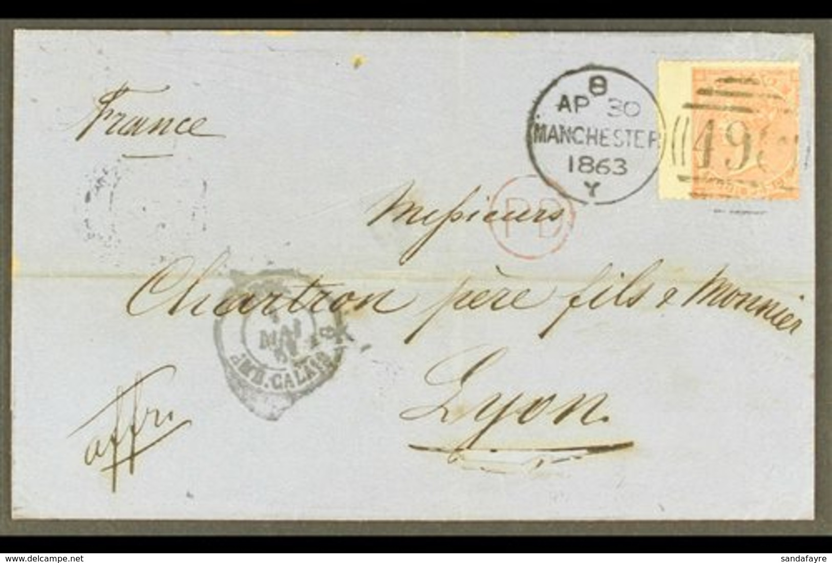 1862-4 4d Pale Red, Plate 3, Small Corner Letters, SG 80, Fine Used On 1863 Cover To France, Manchester Duplex Postmark, - Autres & Non Classés