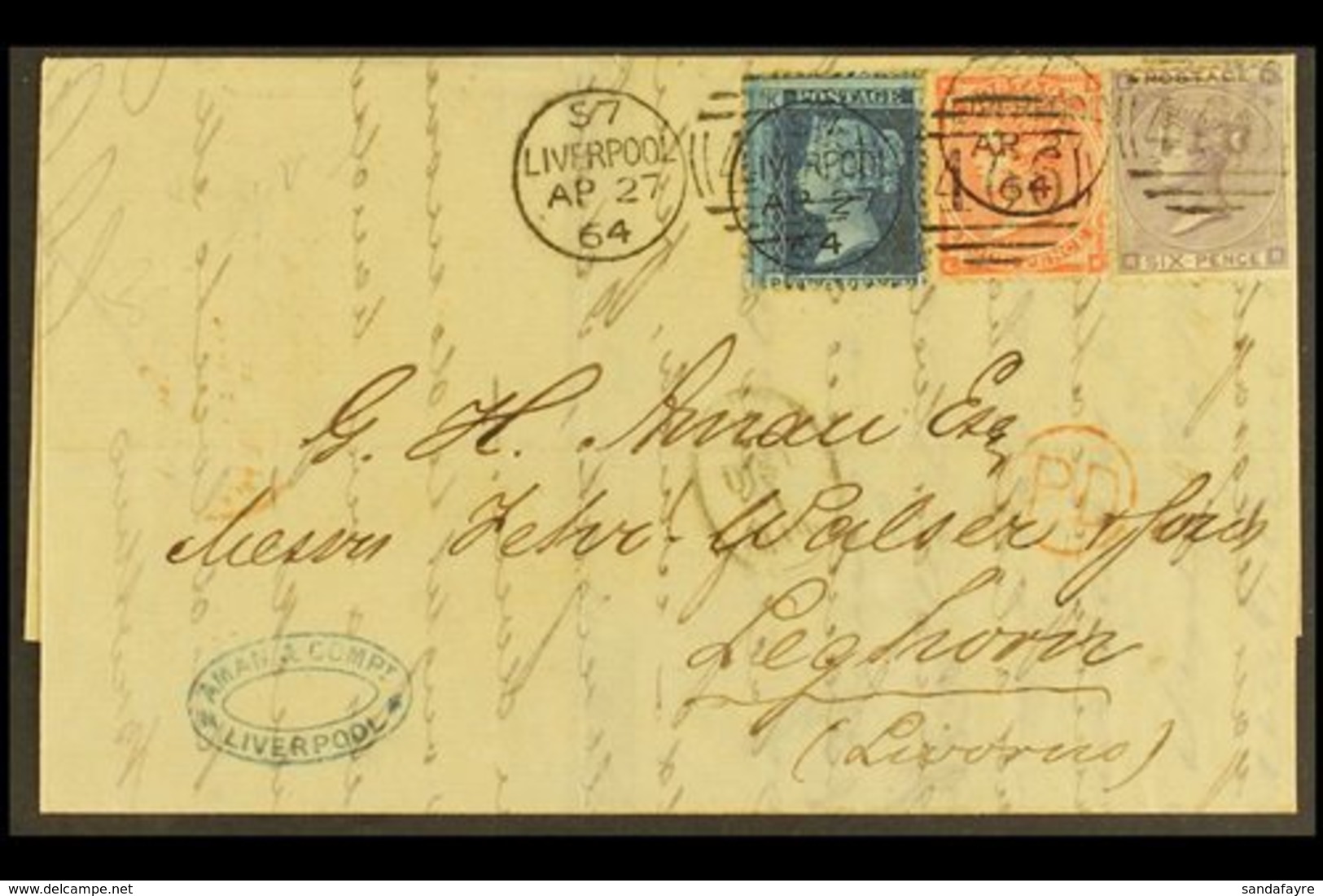 1864 3- COLOUR FRANKING. 1864 (27 Apr) EL From Liverpool To Italy Bearing An 1858-76 2d Blue Plate 9 (SG 45), 1862-64 4d - Sonstige & Ohne Zuordnung