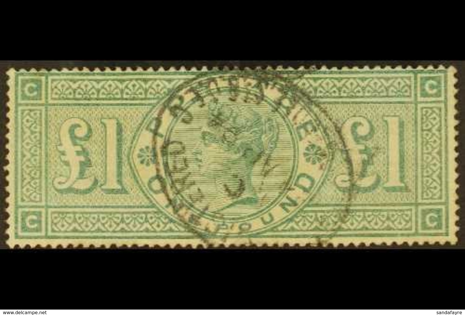 1891 £1 Green, SG 212, Fine Used With Reg. Oval Pmk. Signed Brun. For More Images, Please Visit Http://www.sandafayre.co - Autres & Non Classés