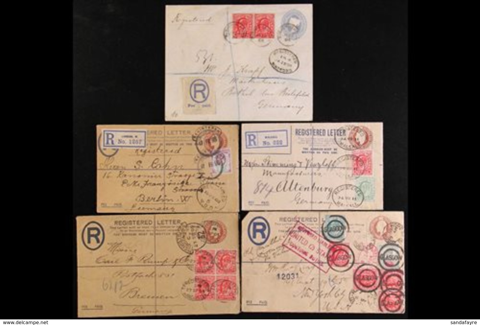 1904-1911 UPRATED REGISTERED LETTERS. An Interesting Group Of Postal Stationery Registered Letters Addressed To Germany  - Non Classés