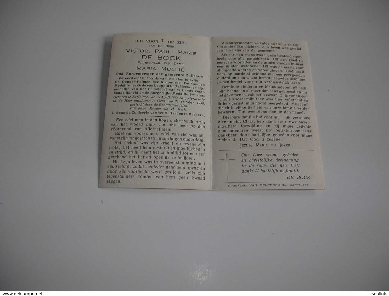 Victor De Bock (Zaffelare 1868-Gent 1950);Mullié     -  Oud-Burgemeester Gemeente Zaffelare - Devotieprenten