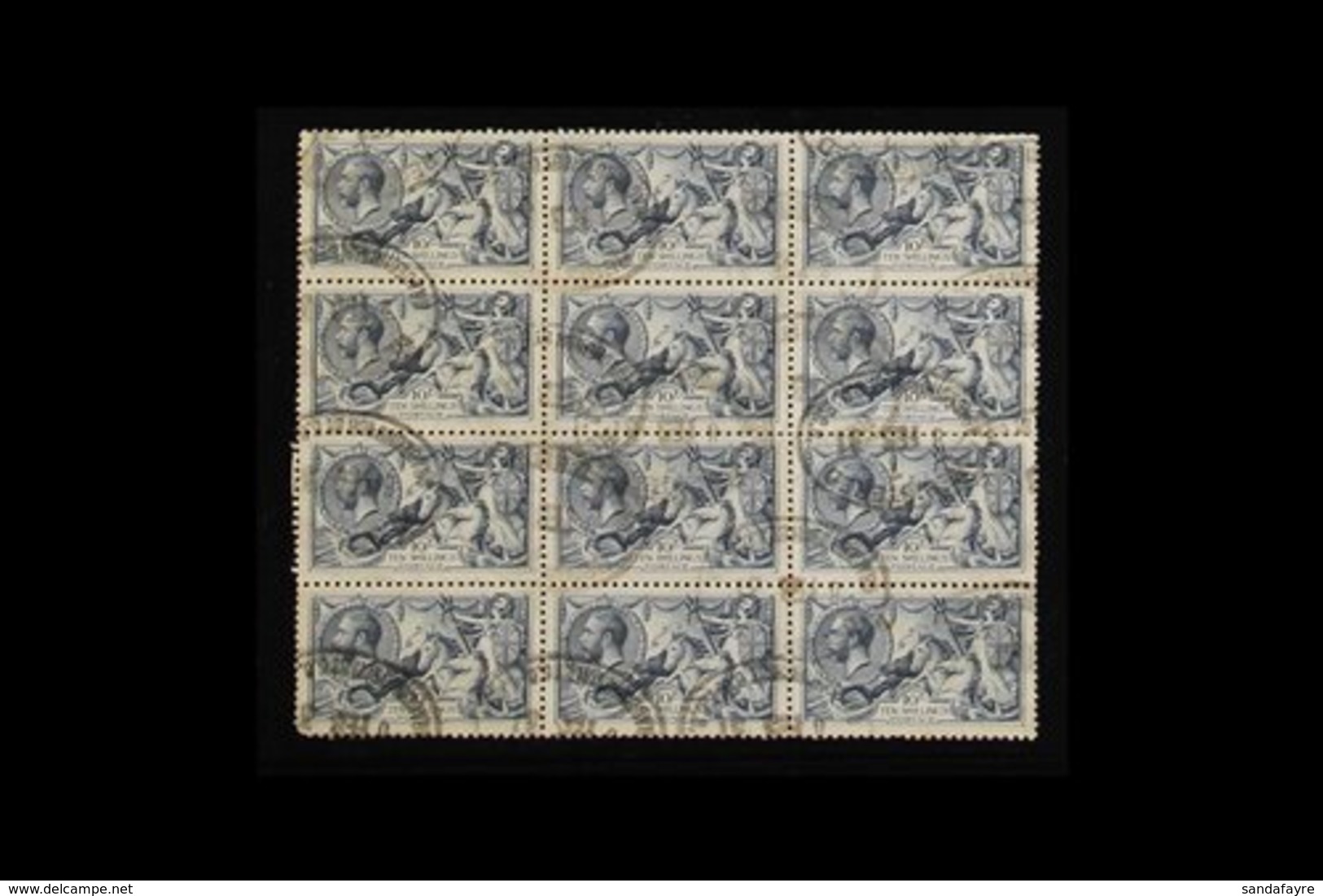 1918-19 10s Dull Grey- Blue Bradbury Seahorse (SG 417) USED BLOCK OF TWELVE, Cancelled By Light Gracechurch Street Regis - Ohne Zuordnung