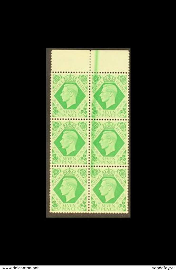1937-47 7d Emerald-green, Block Of 6 With INK FLAW - LARGE GREEN LINE In Top Margin And Down Three Stamps, SG 471, Hinge - Unclassified