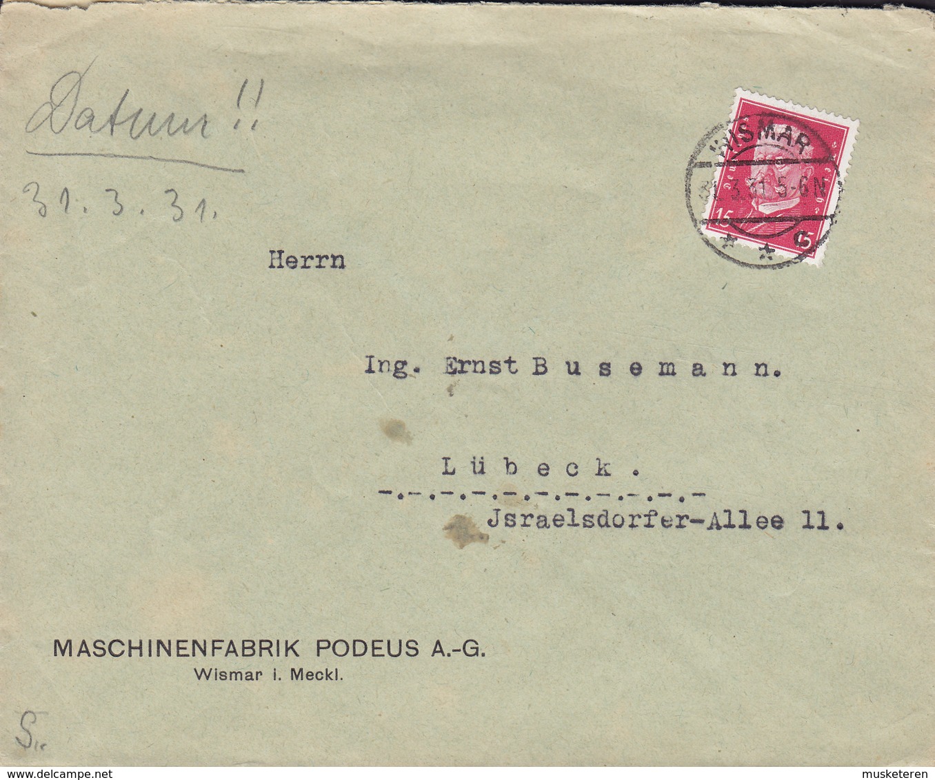 Germany Deutsches Reich MASCHINENFABRIK PODEUS A.-G. WISMAR 31.3.1931 Cover Brief LÜBECK Hindenburg Single Stamp - Cartas & Documentos