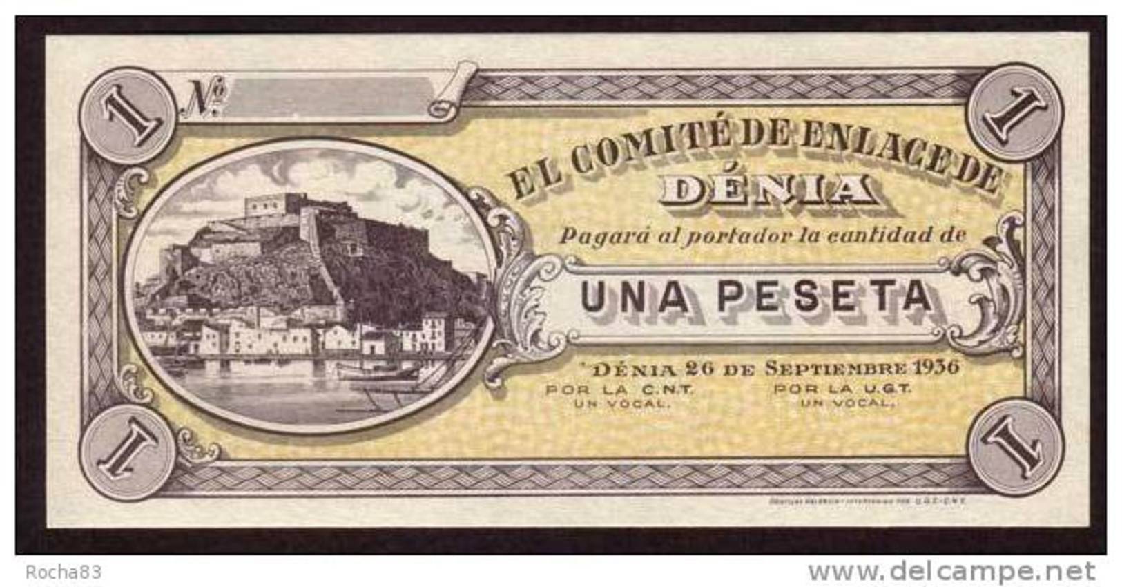 Billet  - ESPAGNE - 1 Peseta  Du 26 09 1936  - DENIA Guerre Civile NEUF - 1-2 Pesetas