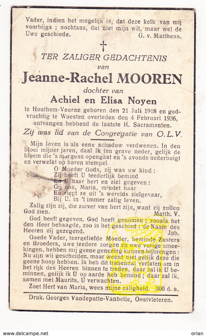 DP Jeanne R. Mooren / Noyen * 17j. * ° Houtem Veurne 1918 † Woesten Vleteren 1936 - Imágenes Religiosas