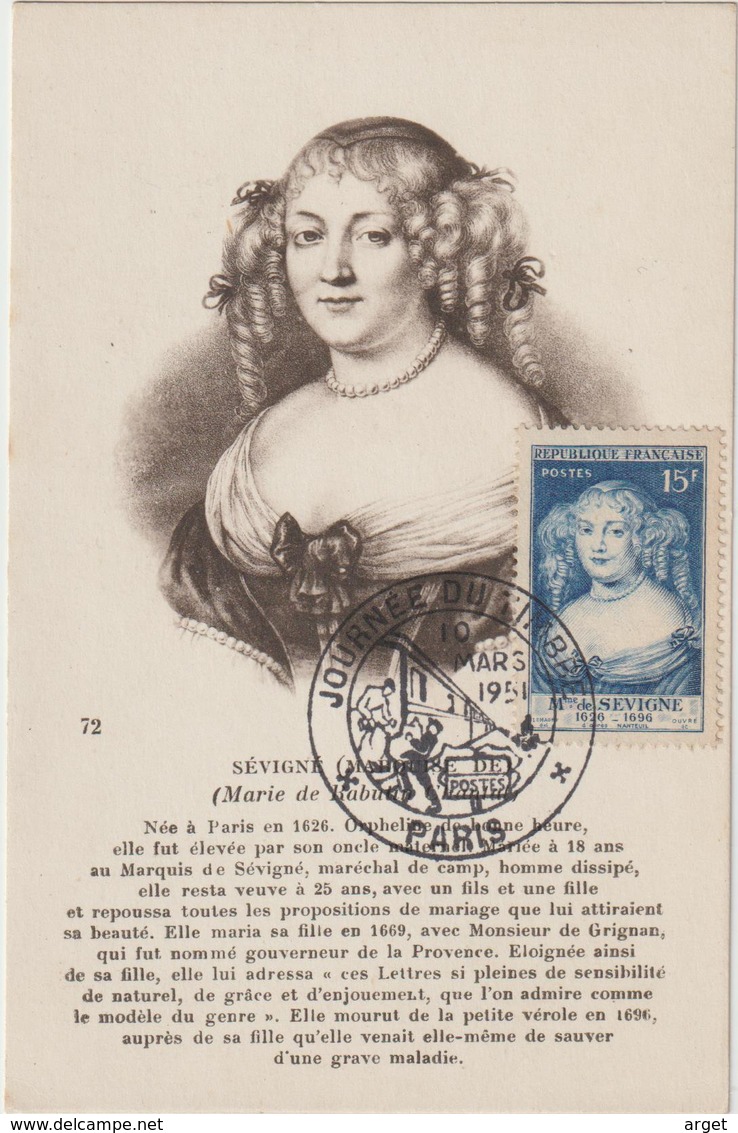 Carte-Maximum FRANCE N° Yvert 874 (Mme De SEVIGNE) Obl Sp Ill Journée Du Timbre (Ed CAP - ND) - 1950-1959