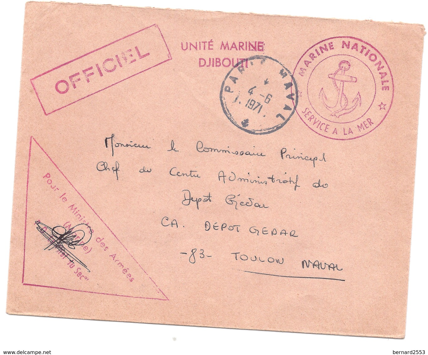 ENVELOPPE POSTE NAVALE MARINE NATIONALE -UNITE MARINE DJIBOUTI  OFFICIEL PARIS NAVAL 4 -6 - 71 POUR DEPOT GEDAR TOULON - Poste Navale