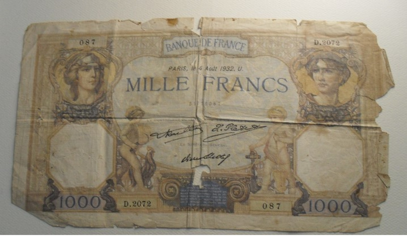 1932 - France - MILLE FRANCS, Cérès Et Mercure, Paris, Le 4 Aoüt 1932. U. D.2072  51778087 - 1 000 F 1927-1940 ''Cérès Et Mercure''