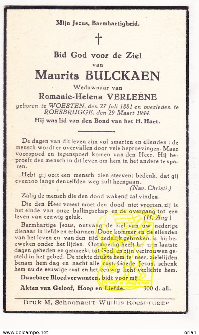 DP Maurits Bulckaen ° Woesten Vleteren 1881 † Roesbrugge Poperinge 1944 X Romanie H. Verleene - Images Religieuses