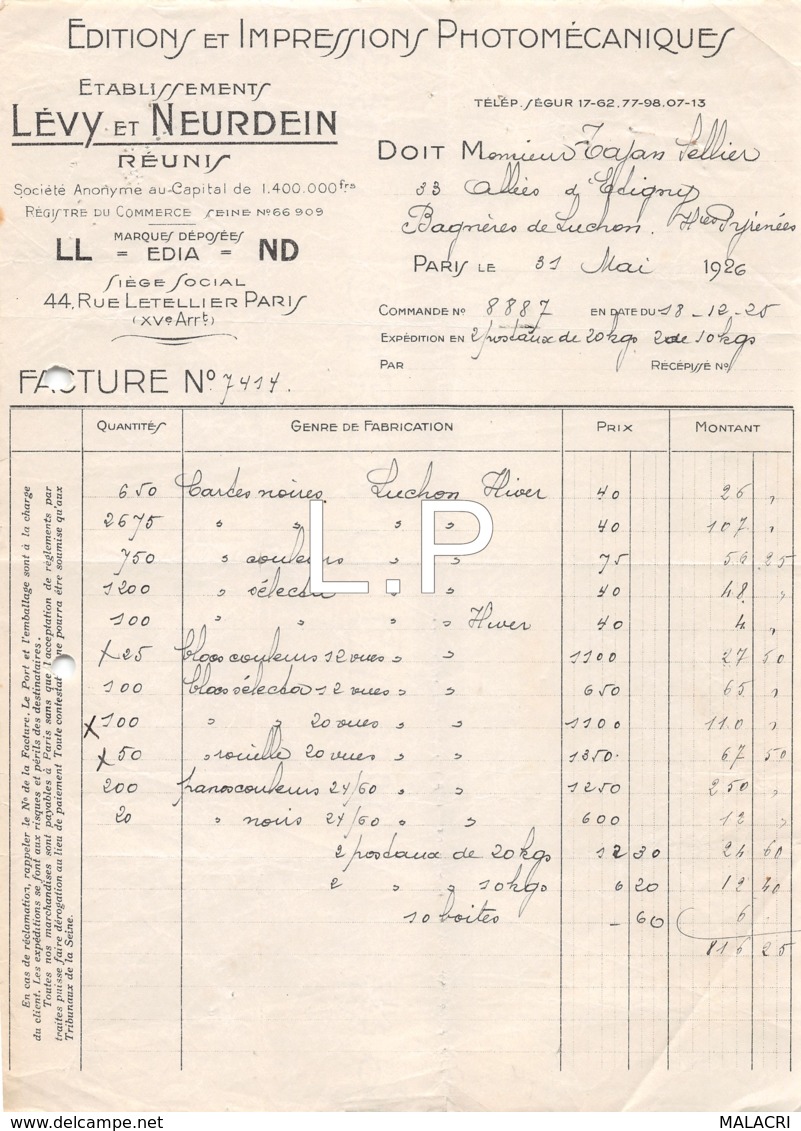 3368    1926  FACTURE ETS LEVY ET NEURDEIN A PARIS - M.SELLIER A BAGNERES DE LUCHON - 1900 – 1949