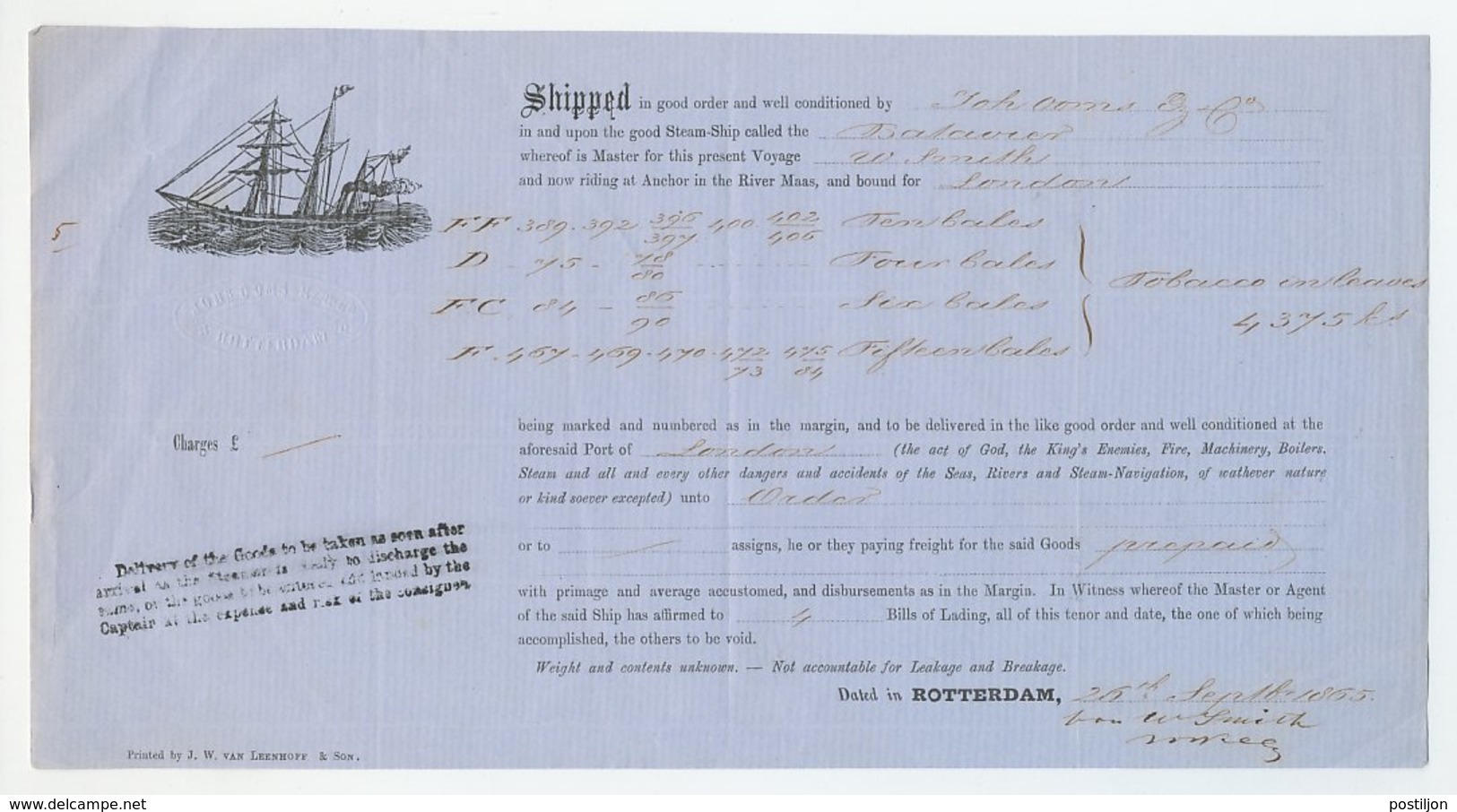 Scheepsvrachtbrief Rotterdam - GB / UK 1865 -Stoomschip Batavier - Storia Postale