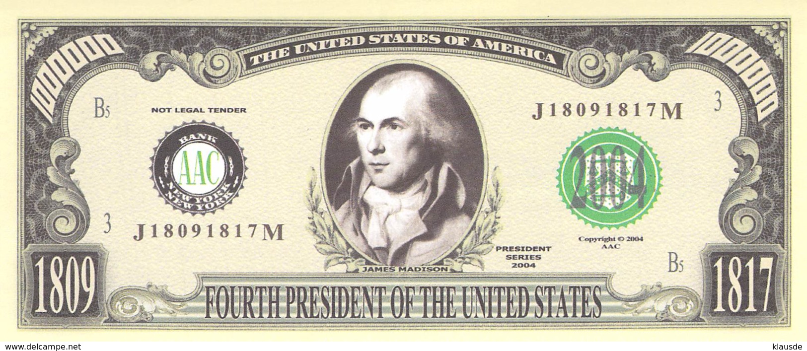 1 Mio Dollar Präsident Serie Madison / Fantasy Banknote - Autres - Amérique