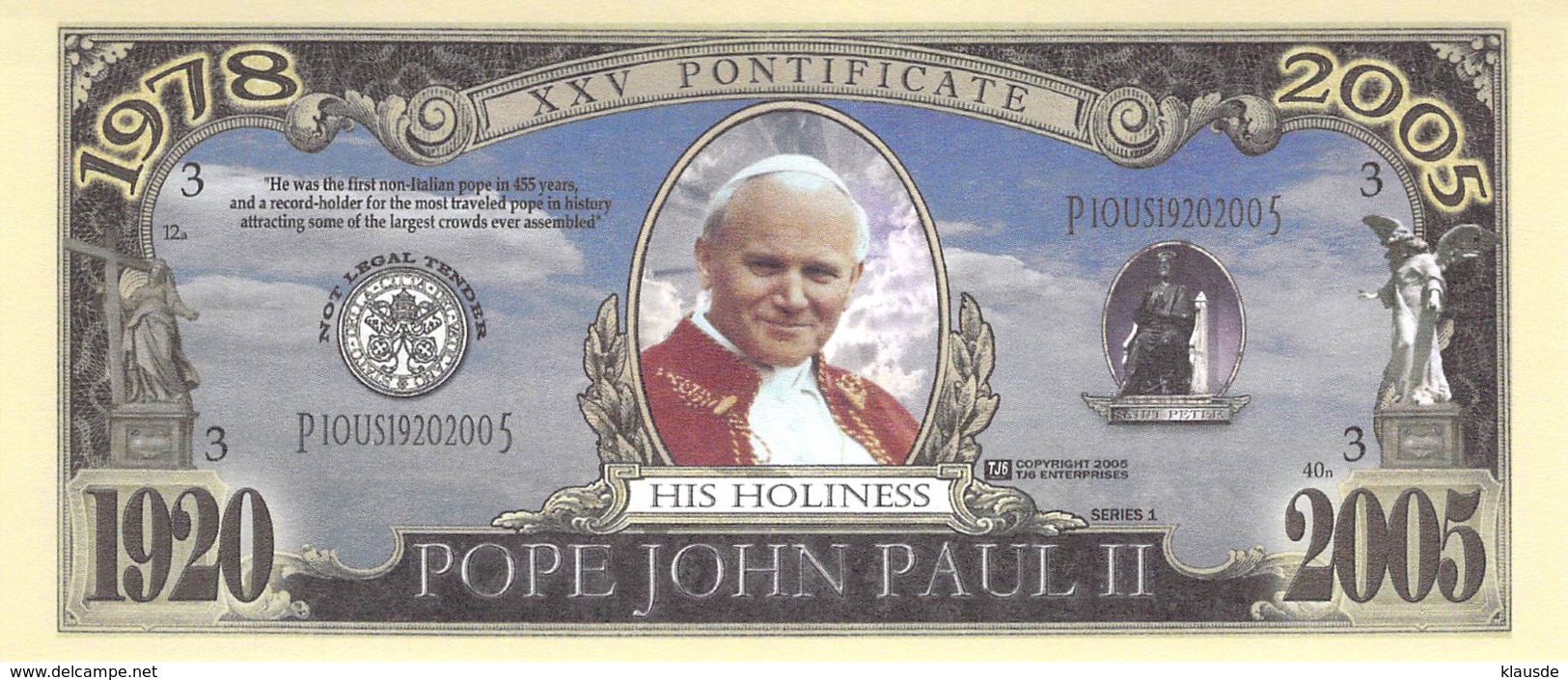 1 Mio Dollar Papst Johannes Paul II. / Fantasy Banknote - Other - America