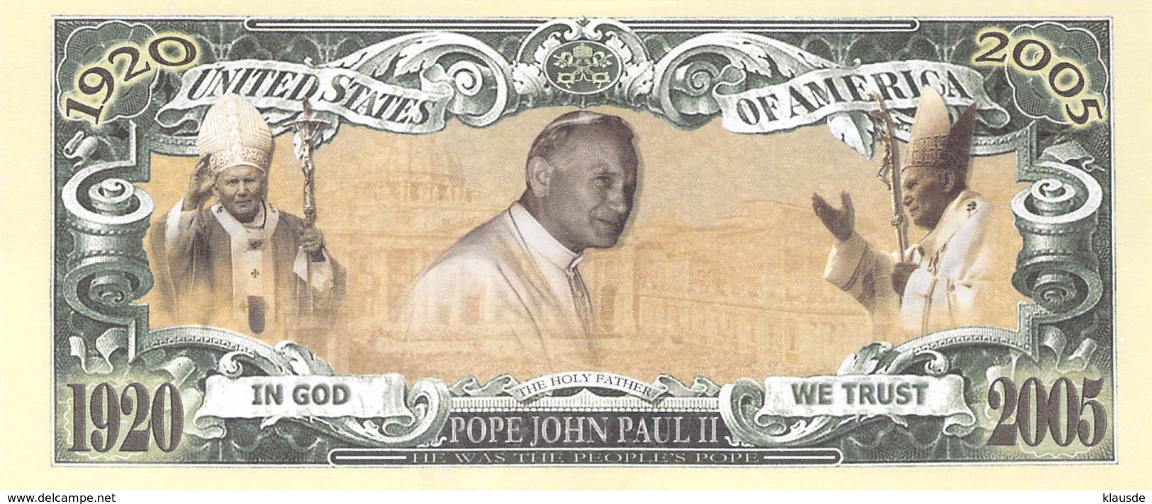 1 Mio Dollar Papst Johannes Paul II. / Fantasy Banknote - Other - America