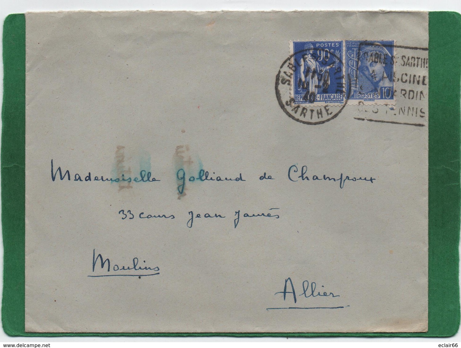 1940-lettre De SABLE SUR SARTHE-72 Pour MOULINS--Allier Daguin"Piscine-Jardin-Tennis"- - 1921-1960: Période Moderne