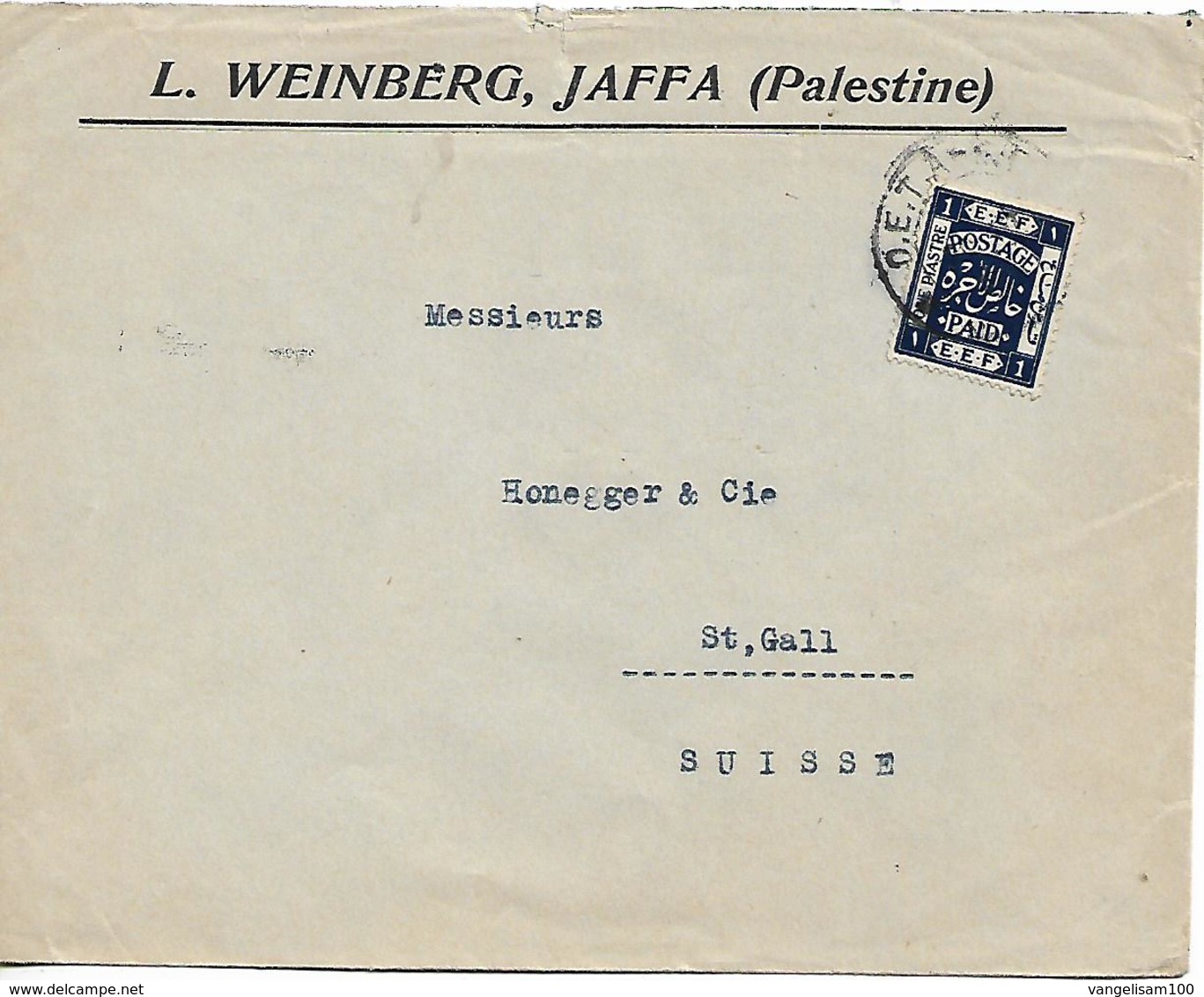 PALESTINE 1916? Cover From Jaffa To Suisse 1 Stamp COVER USED - Palestina