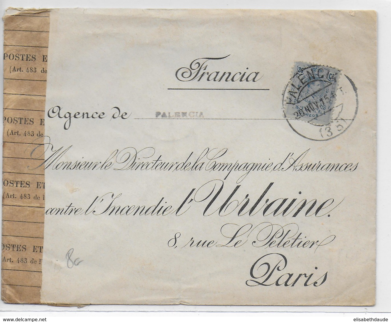 1915 - ESPAGNE - ENVELOPPE De VALENCIA => PARIS Avec CENSURE - Covers & Documents