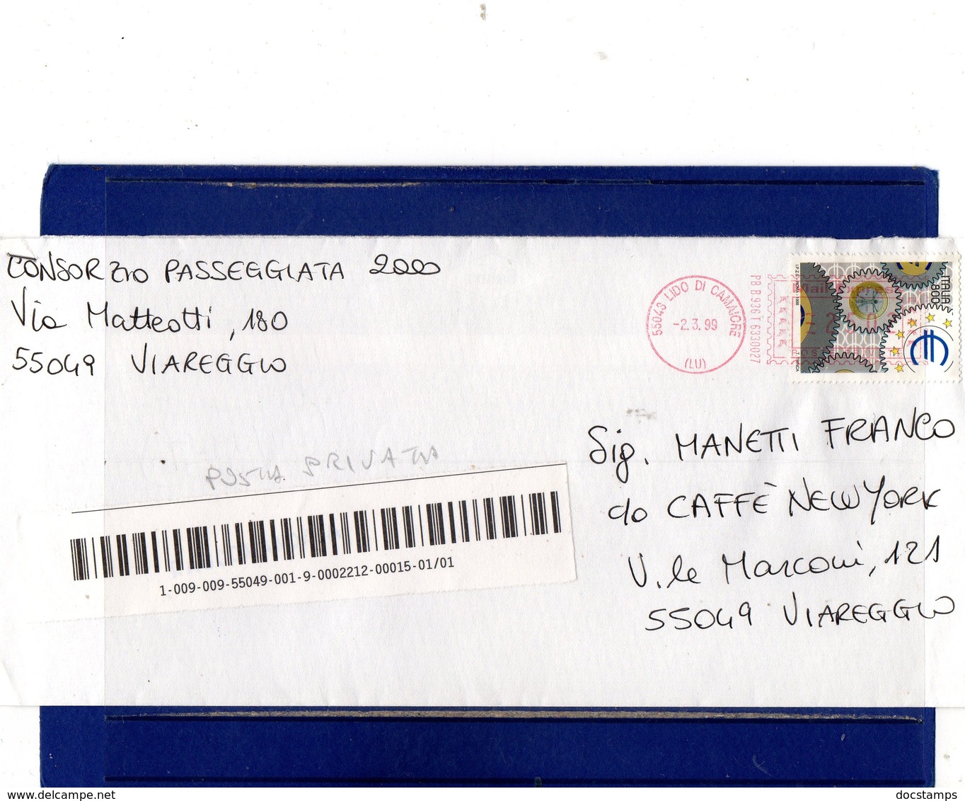##(DAN193)-1999-Busta Raccomandata Posta Privata, Impronta EMA Mail Express Da Lido Di Camaiore (Lucca) Per Viareggio - 1991-00: Storia Postale