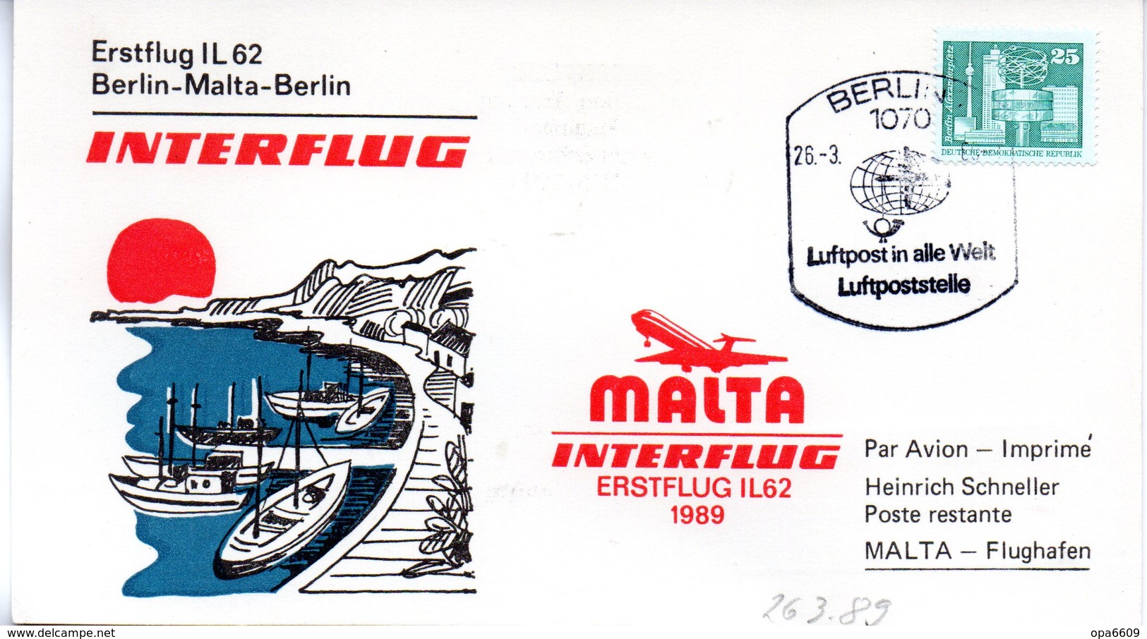 (DDR-B3) DDR Sonderkarte "INTERFLUG Erstflug IL62 Berlin-Malta-Berlin" EF Mi 2521, SSt. 26.3.1989 BERLIN 7 - Briefe U. Dokumente