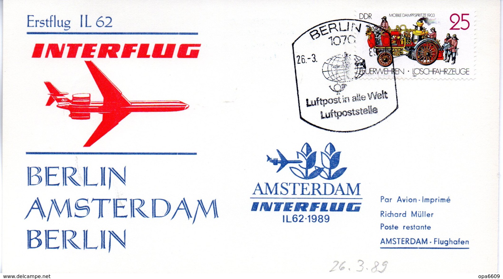 (DDR-B3) DDR Sonderkarte "INTERFLUG Erstflug IL62 Berlin-Amsterdam-Berlin" EF Mi 3102, SSt. 26.3.1989 BERLIN 7 - Lettres & Documents