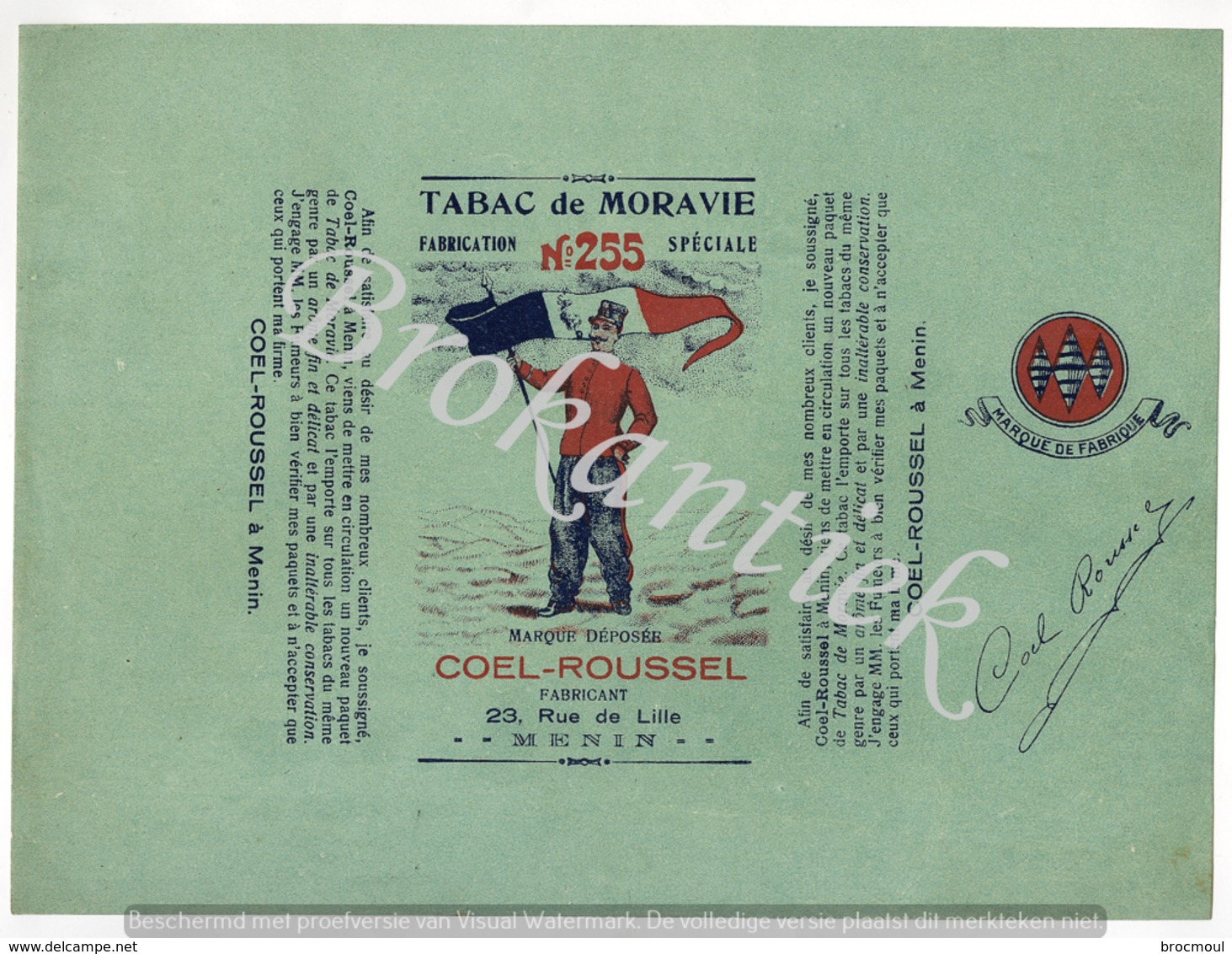 Tabac De MORAVIE  255  COEL-ROUSSEL MENIN  Verpakking  100gr Lythographie Nooit Gebruikt  +/- 1900 - Autres & Non Classés