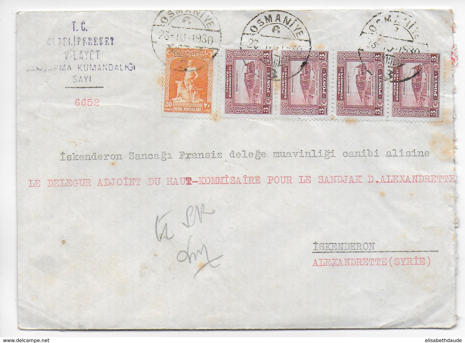 1930 - TURQUIE - ENVELOPPE CHARGEE De OSMANIYE => ALEXANDRETTE - SUPERBE CACHET De CIRE Au DOS ! - Covers & Documents