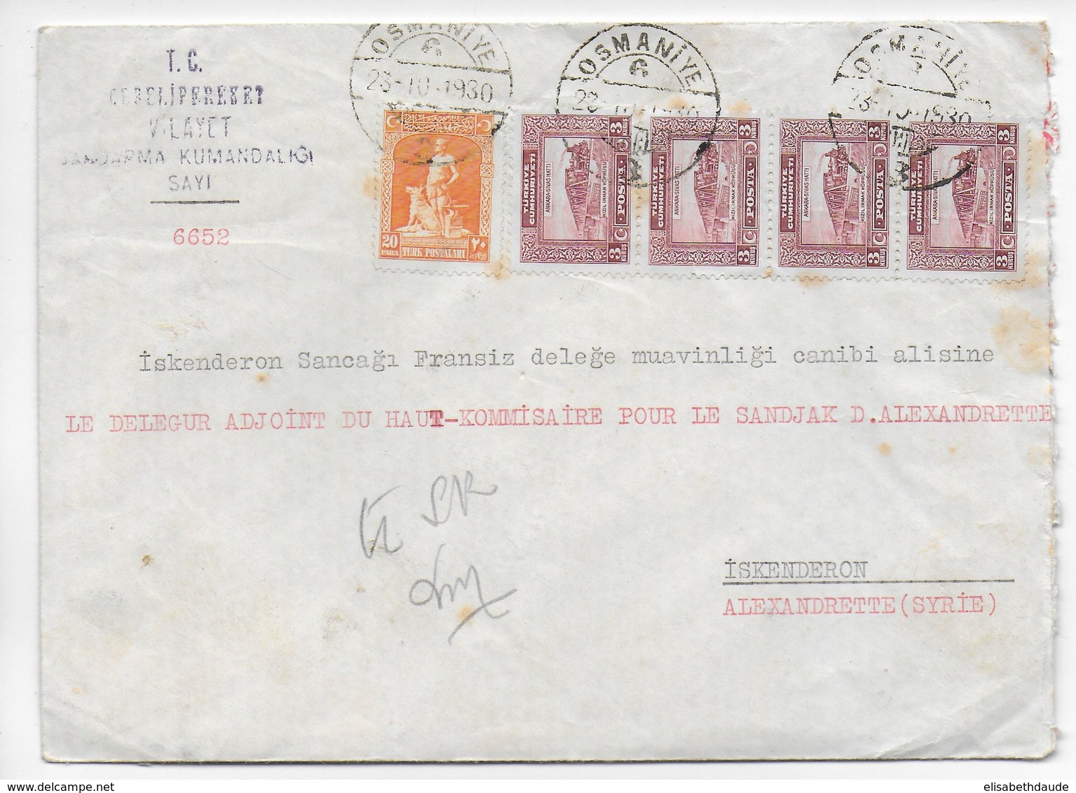 1930 - TURQUIE - ENVELOPPE CHARGEE De OSMANIYE => ALEXANDRETTE - SUPERBE CACHET De CIRE Au DOS ! - Storia Postale