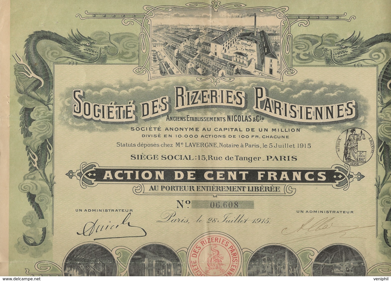 ACTION DE 100 FRS - SOCIETE DES RIZERIES PARISIENNES - ANNEE 1915 - Agriculture