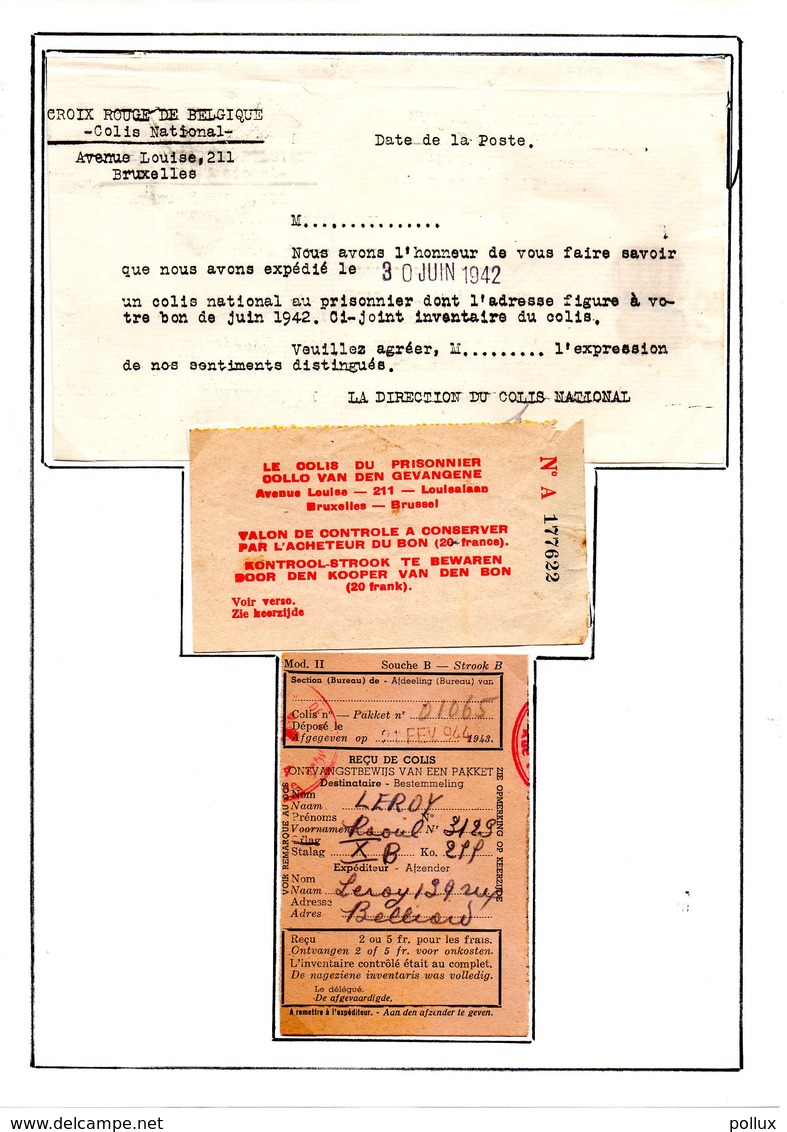 Croix-Rouge De Belgique  Colis Du Prisonnier De Guerre Stalag Et Oflag 1939/45 Talons De Controle+reçu De Colis - Documents