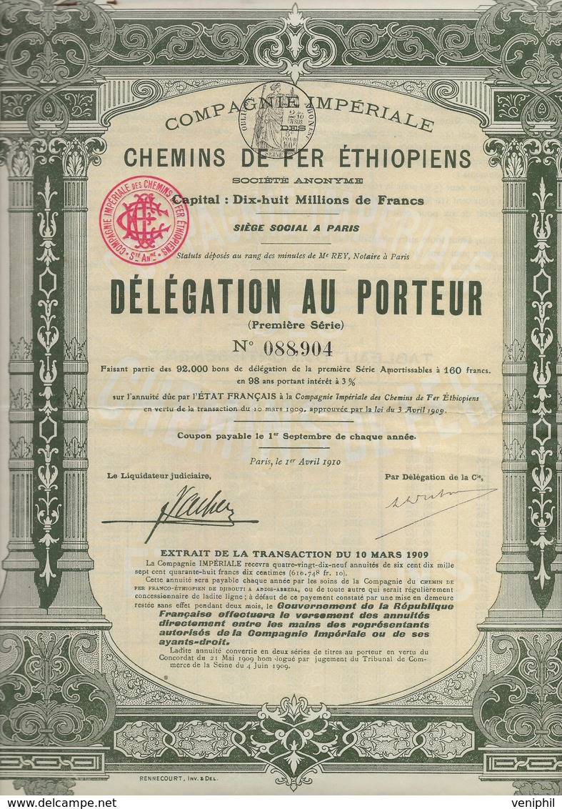 CIE IMPERIALE DES CHEMINS DE FER ETHIOPIENS  -DELEGATION AU PORTEUR - ANNEE 1910 - Chemin De Fer & Tramway