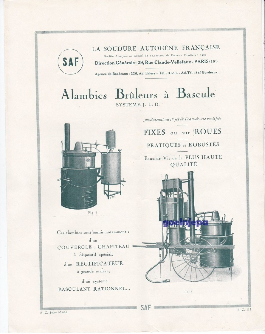 Publicité Vintage : SAF Alambic Bruleur A Bascule - Advertising