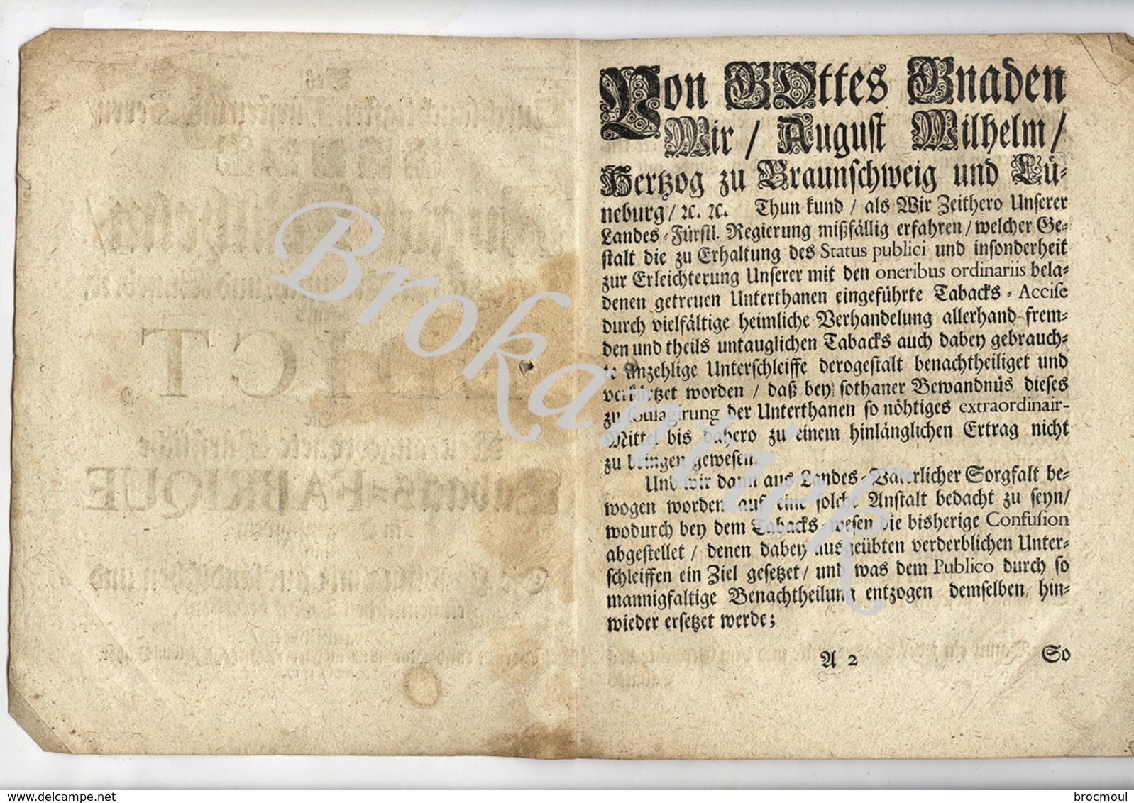 EDIKT Des FÜRSTEN AUGUST WILHELM Fürstliche Tabak-Fabrik 26 Pages  20 X 16.5 Cm  BRAUNSCHWEIG 1717 - Historische Dokumente