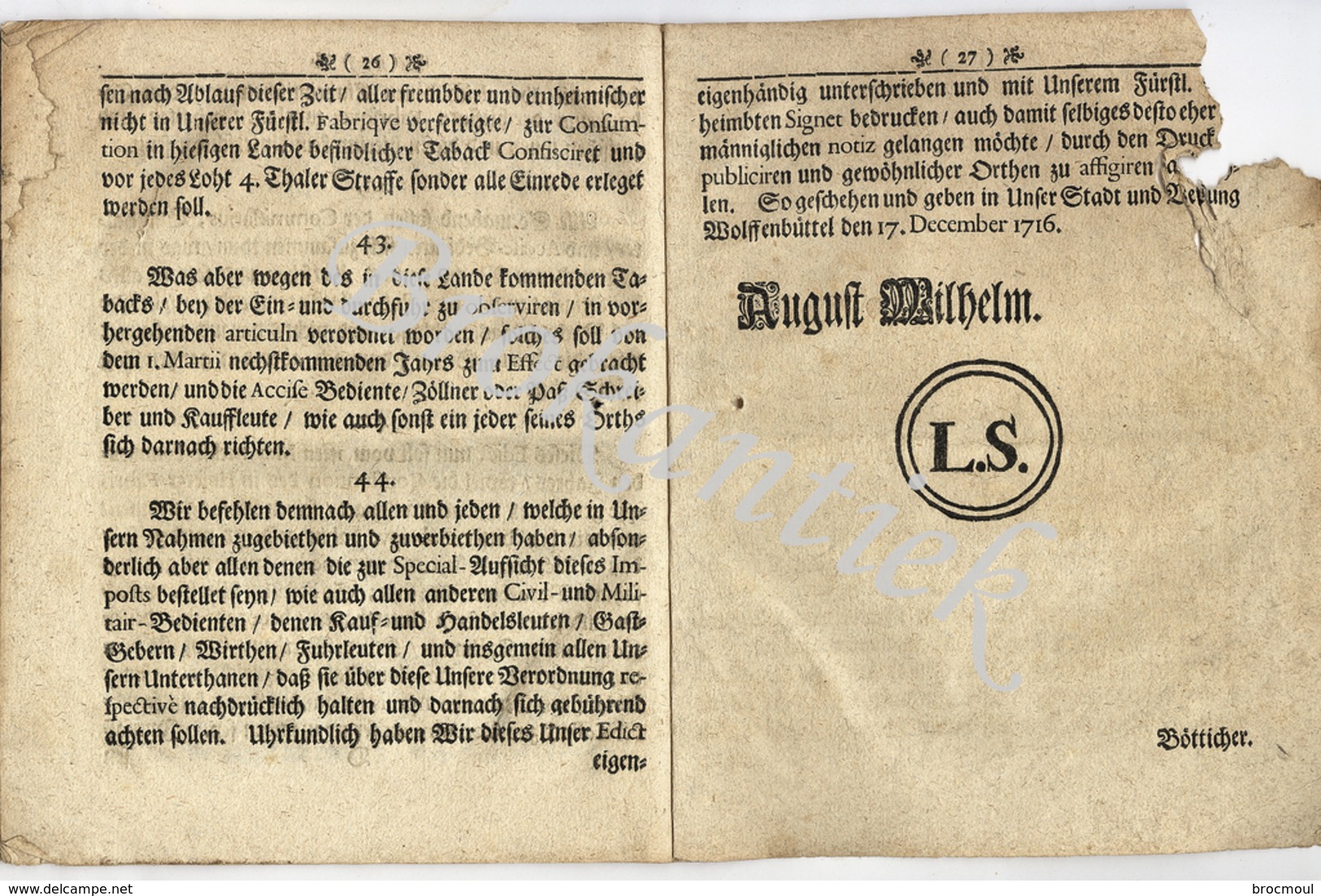 EDIKT Des FÜRSTEN AUGUST WILHELM Fürstliche Tabak-Fabrik 26 Pages  20 X 16.5 Cm  BRAUNSCHWEIG 1717 - Historische Dokumente