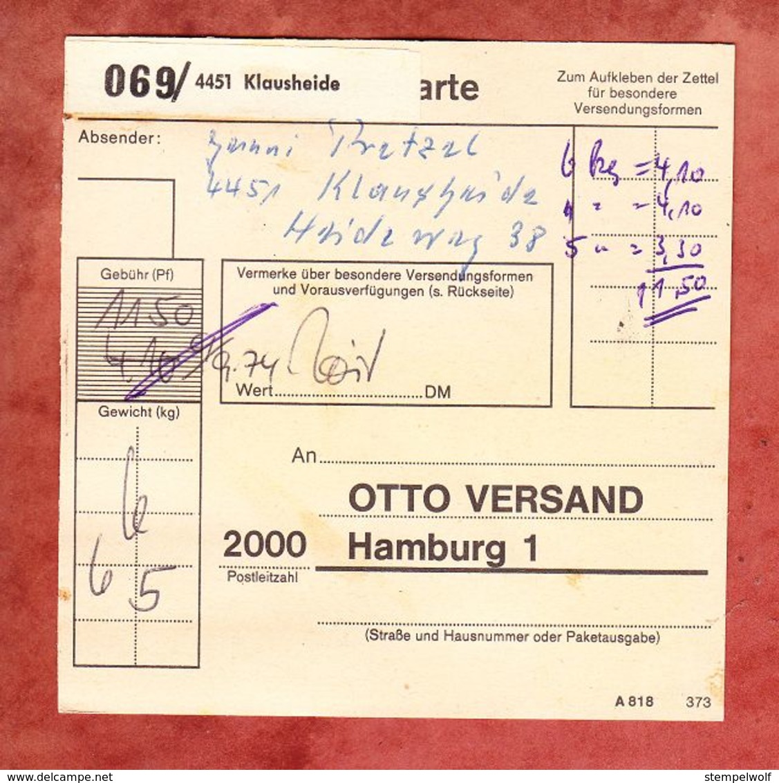 Paketkartenteil Fuer 3 Pakete, MiF Heinemann, Klausheide Nach Hamburg 1974 (69882) - Briefe U. Dokumente
